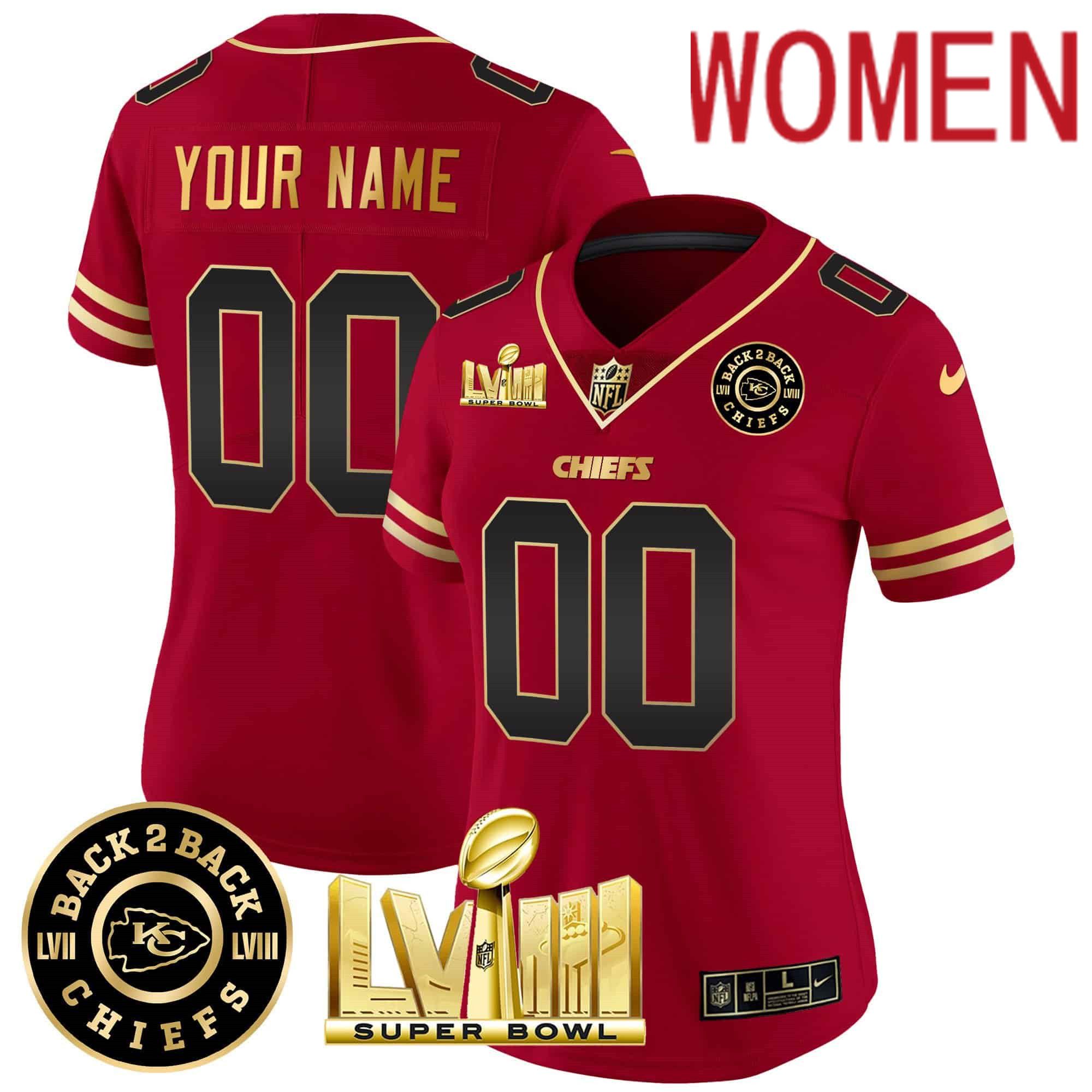 Women Kansas City Chiefs Red 2024 Nike Super Bowl LVIII & Back-2-Back Patch Vapor Custom NFL Jersey style 1